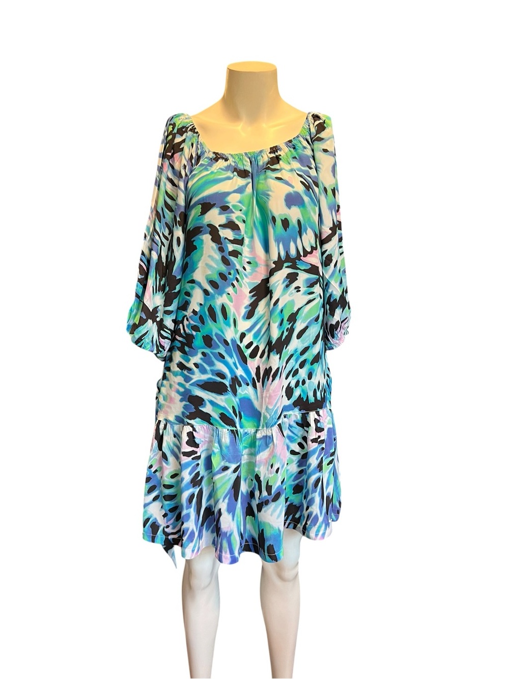 Tommy Bahama Leo Monarch mini dress featuring a vibrant blue, teal.